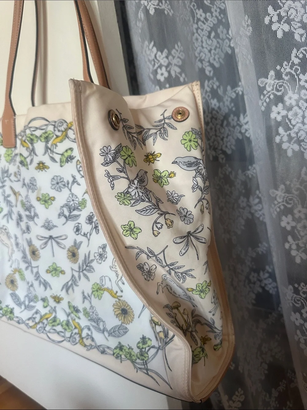 Cream Floral Tote with Tan Leather Accents